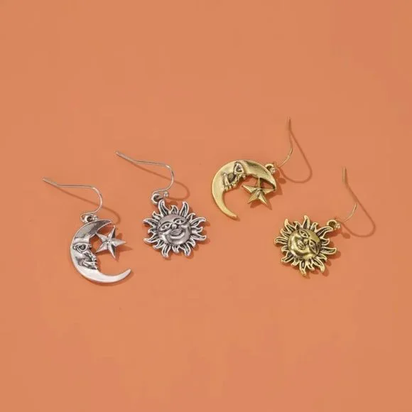 Antique Aged Silver Celestial Crescent Moon & Sun Face Boho Dangle Earrings NEW - Picture 2 of 8